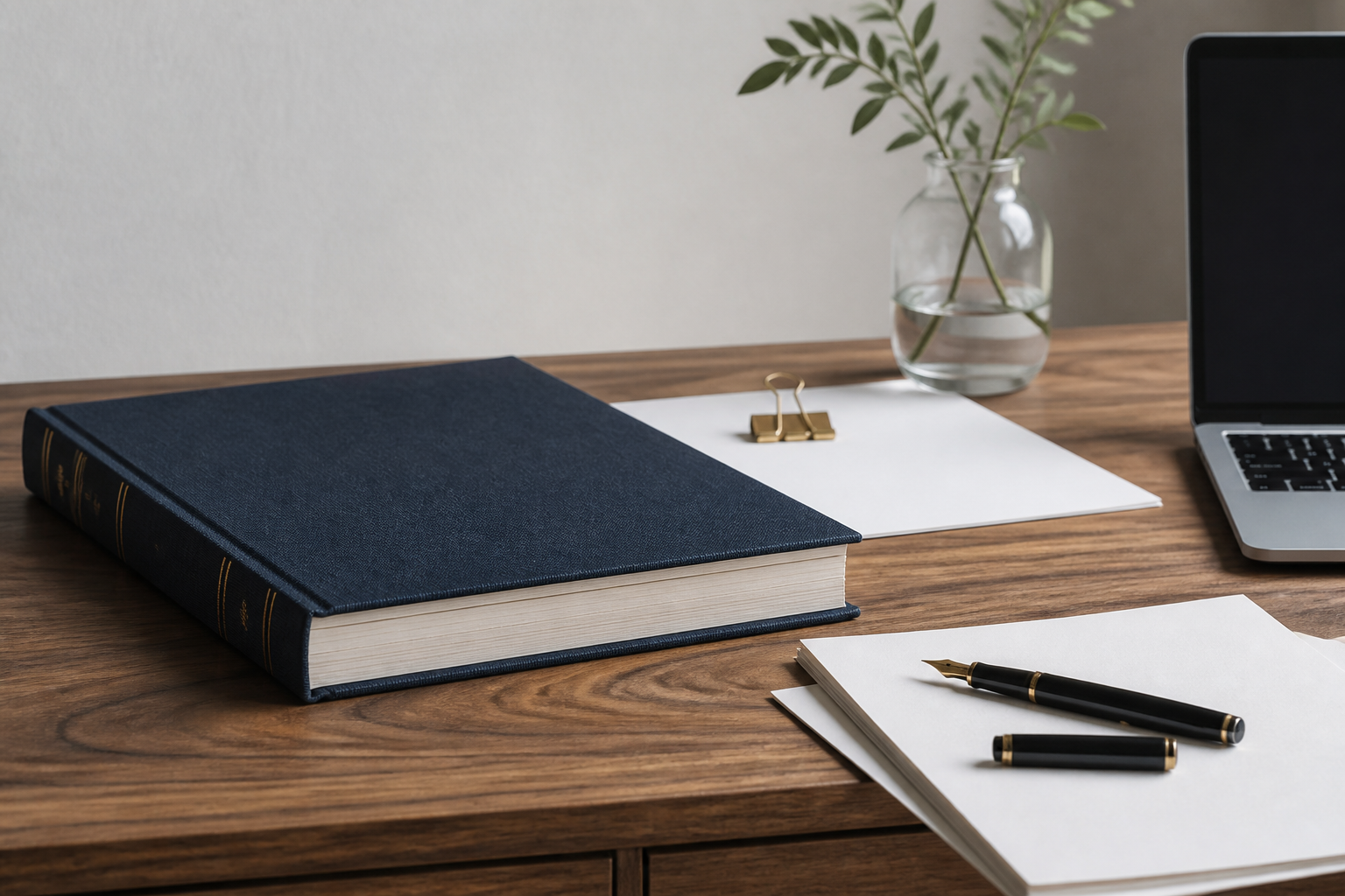 Mesa de trabalho organizada com livro contábil, documentos e caneta